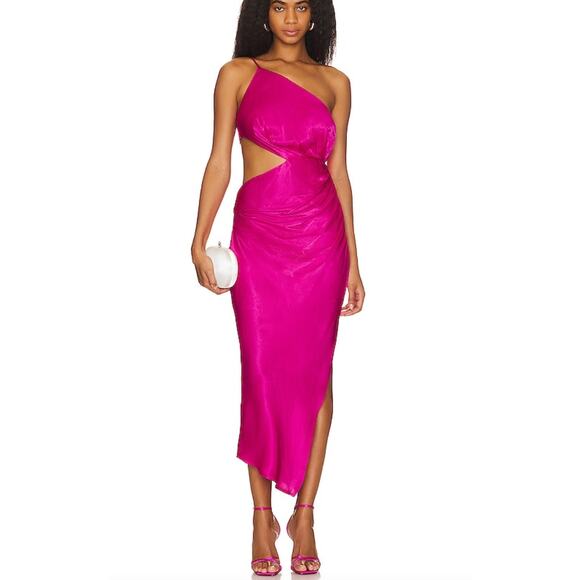 Astr Dresses & Skirts - ASTR THE LABEL Martina Satin Cutout One Shoulder Midi Dress | M, Fuchsia Pink